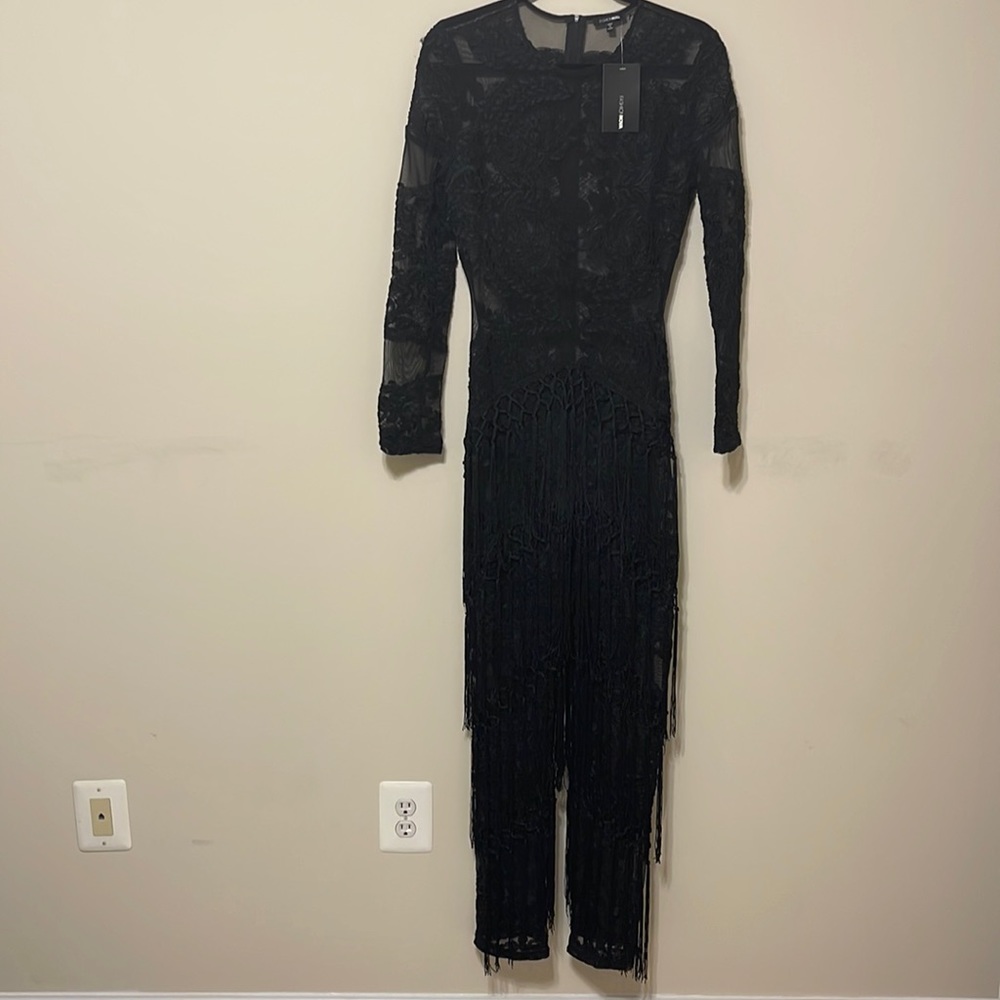 NWT~FASHION NOVA Black Dramatic Fringe Jumpsuit long sleeve multi media Sz L